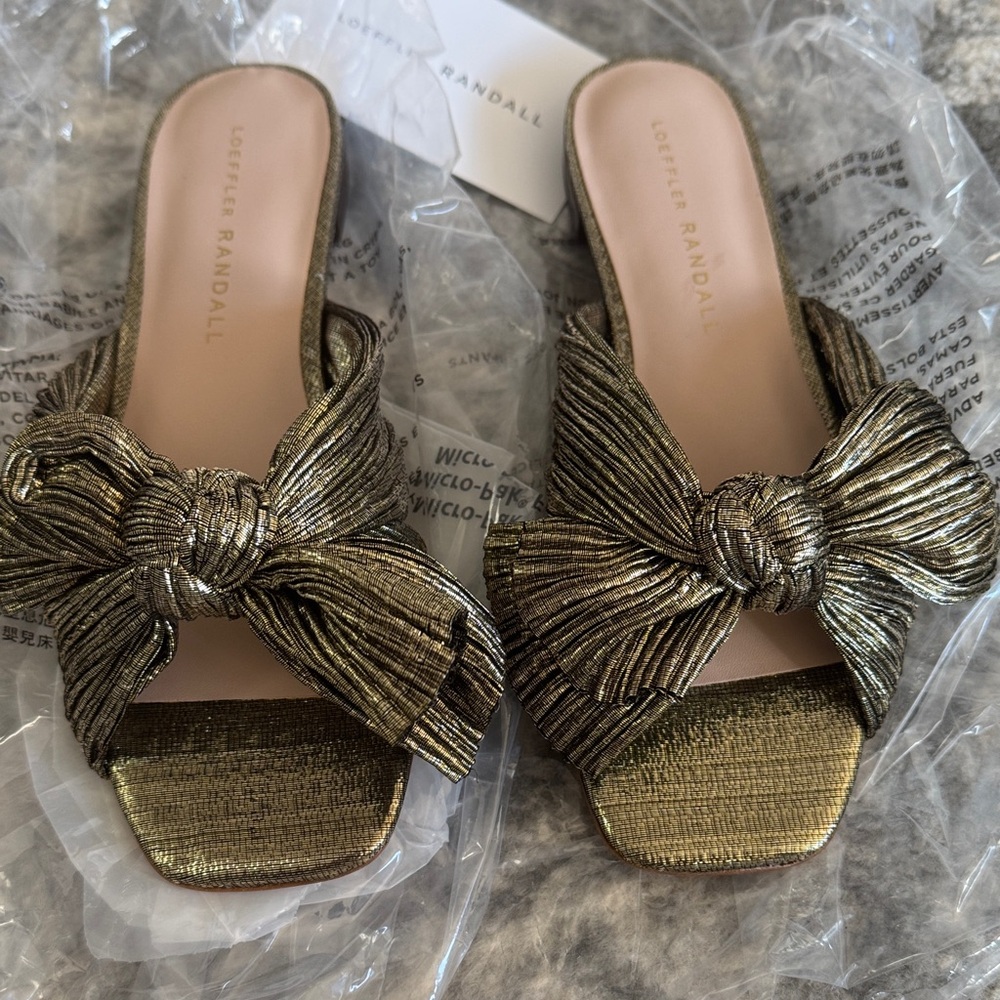 Loeffler Randall Metallic Gold Knotted Bow Slide Sandals